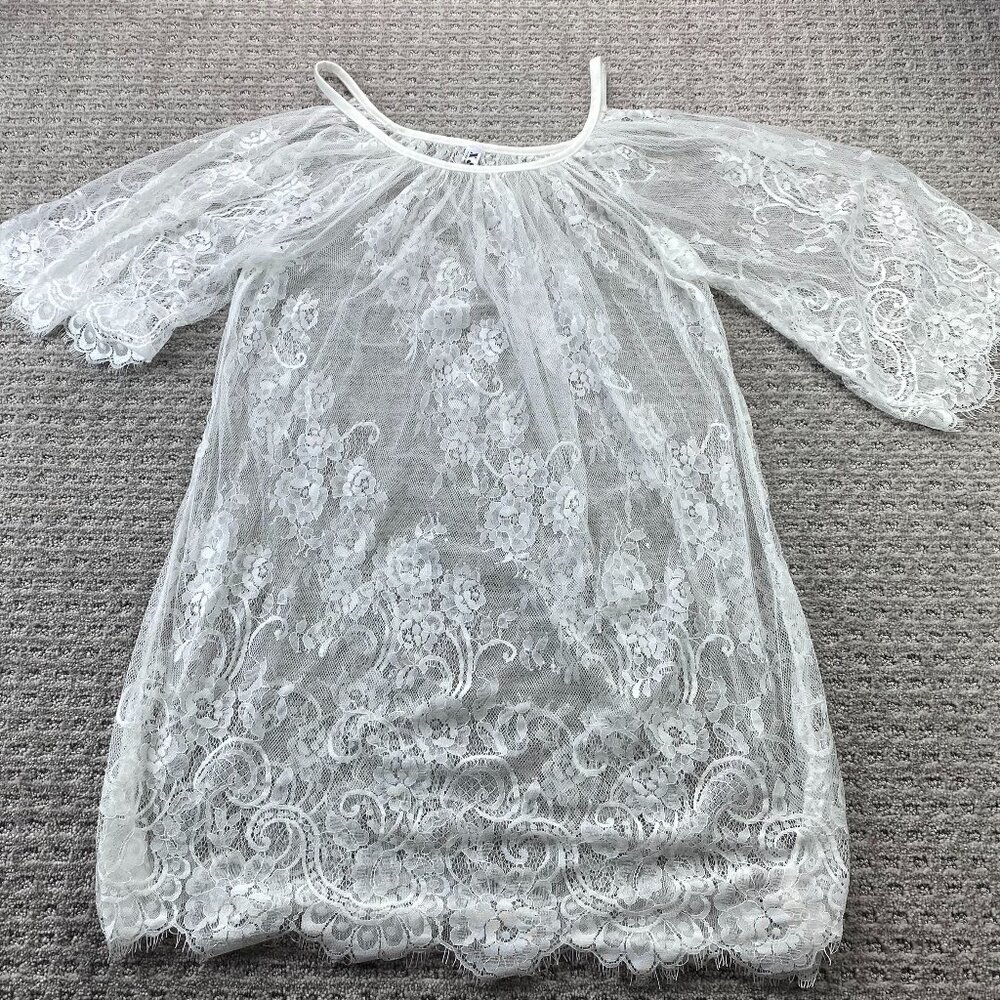 Women See Through Lace Sleepwear Blouse White Size XL